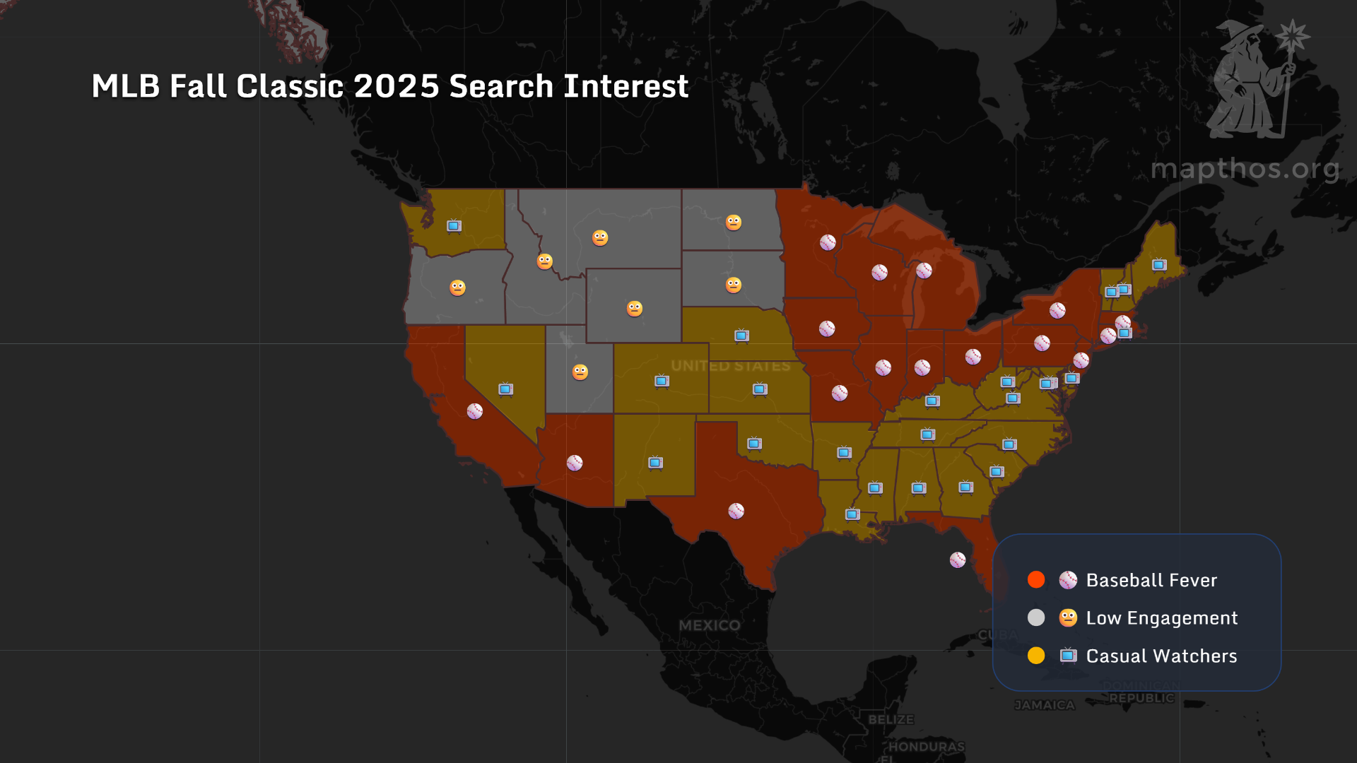 MLB Fall Classic 2025 search interest map by U.S. states — Mapthos data visualization